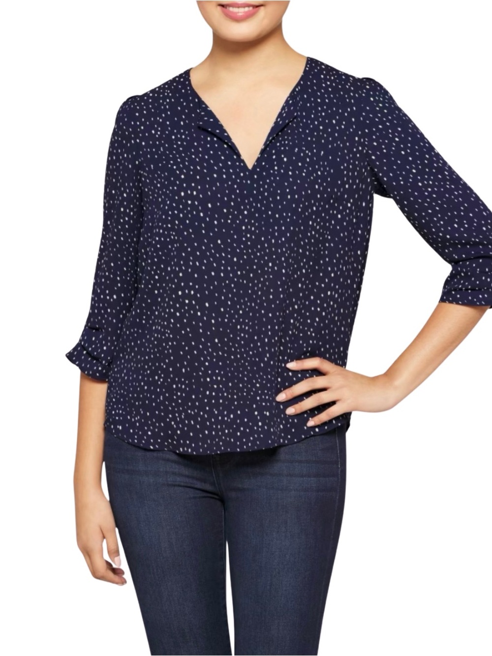 Les Serein Stitch Fix PresleyNavy & White Polka Dot Printed V-Neck Blouse